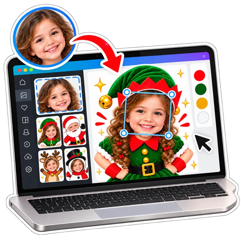 Interface de Canva montrant la personnalisation d’un personnage de Noël : ajout de la photo, ajustement, téléchargement et impression