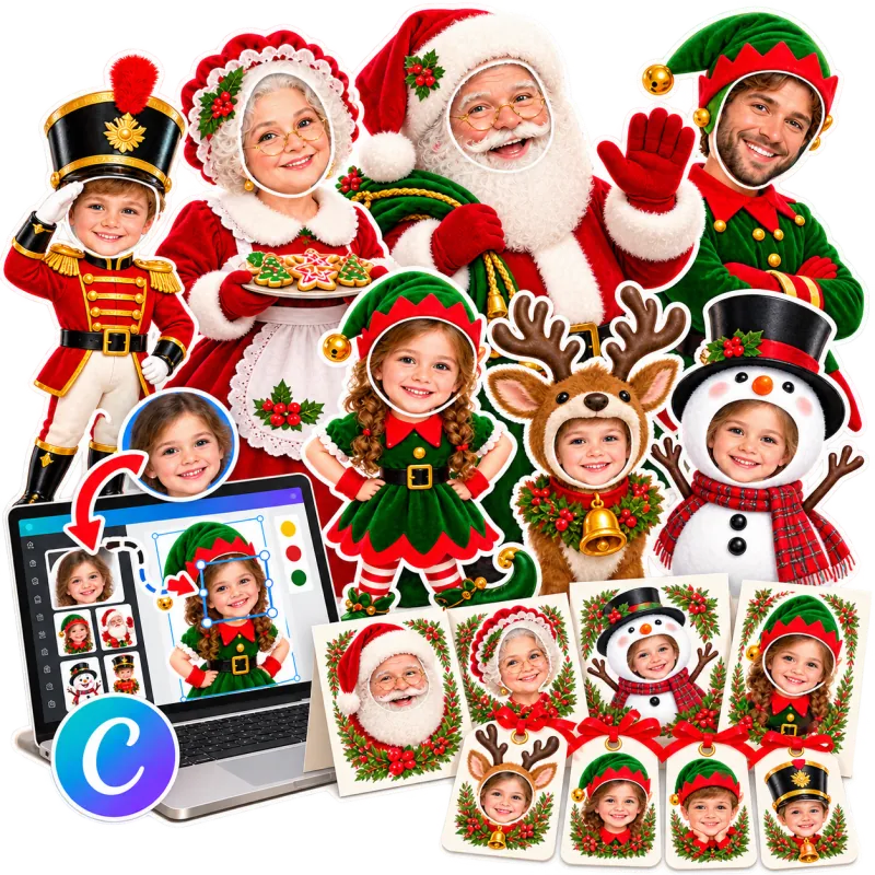 Personnages de Noël aux visages souriants : lutins, Père Noël, Mère Noël, renne et bonhomme de neige
